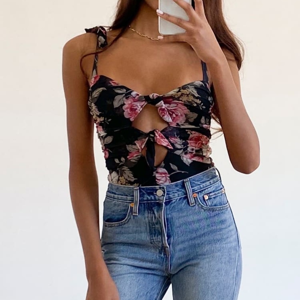 Lulu's Black Floral Tie-Front Bodysuit